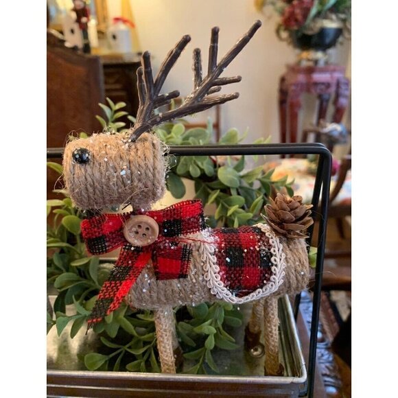 Christmas Reindeer Feed Sack Buffalo Check Set Rustic Farmhouse Holiday Decor - Picture 4 of 11